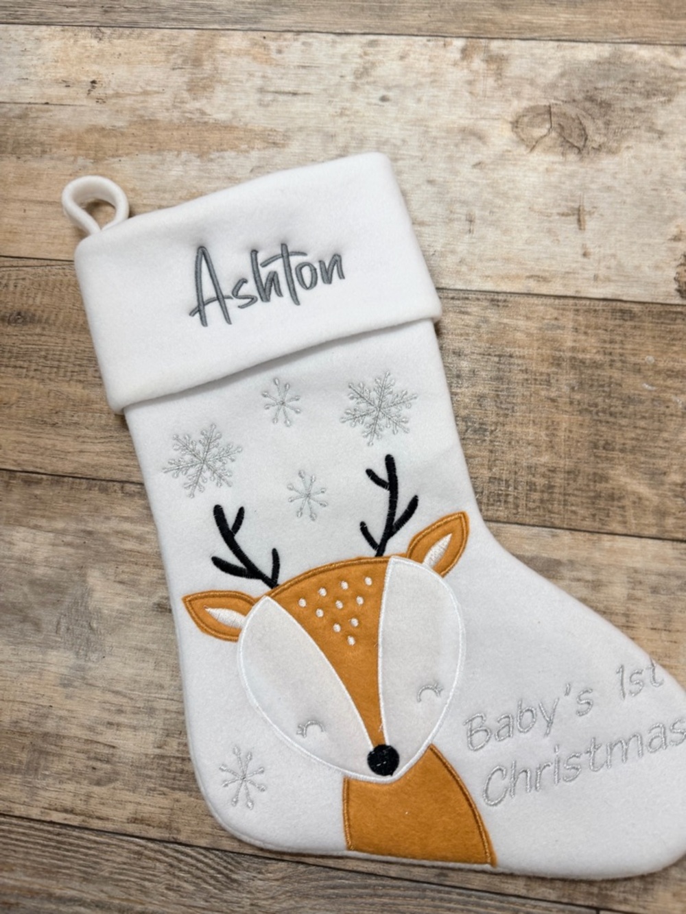 PERSONALIZED WITH ASHTON  White & Tan Reindeer Baby's 1st Christmas Stocking
